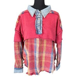 Olí & Hali Plaid Half Button Down Pullover, Patchwork Chop Flannel, Small, Boho